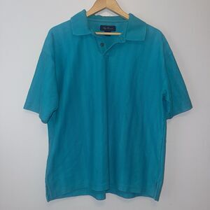 VTG Oleg Cassini Mens Pullover Polo Button Shirt Blue Herringbone Size L